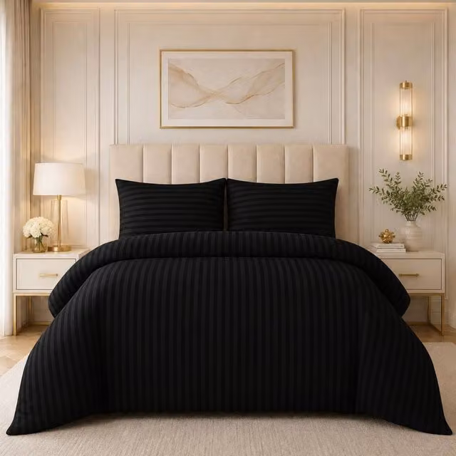 Pamposh Black Satin Stripe Microfibre Duvet Cover and Pillowcase Set, King Size, W/D/H: 180 x 200 cm and 50 x 75 cm – 6