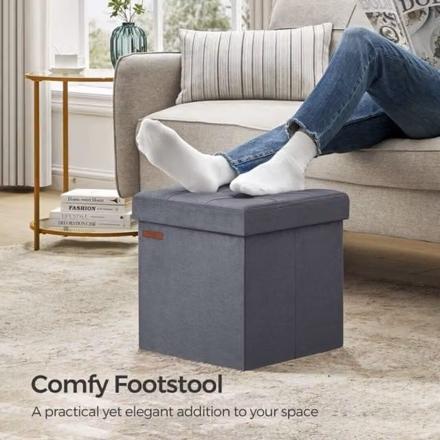 SONGMICS Small Square Foldable Storage Ottoman Foot Rest in Grey Velvet Fabric