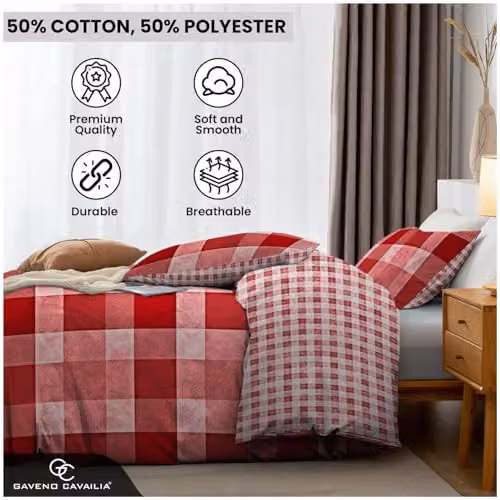Smart Living Red Checked Polycotton Reversible Duvet Cover and Pillowcase Set, W/D/H: 135 x 200 cm with 50 x 75 cm Pillowcases – 3