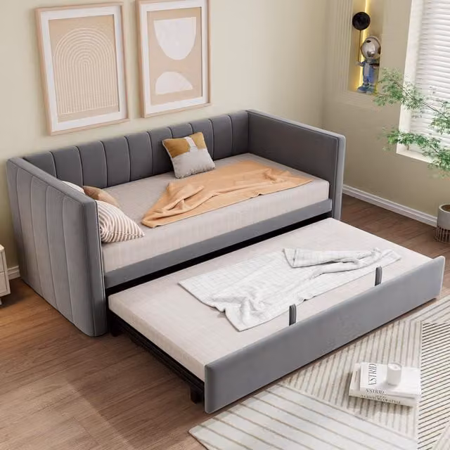 Aosom UK Grey Upholstered Velvet Daybed with Pull-Out Trundle, W: 140 cm, D: 200 cm, H: 100 cm