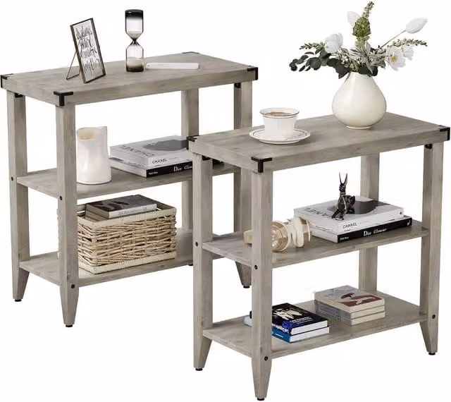VOGREX Set of 2 Rustic Farmhouse 3-Tier Narrow Side End Tables in Grey and Black – 1