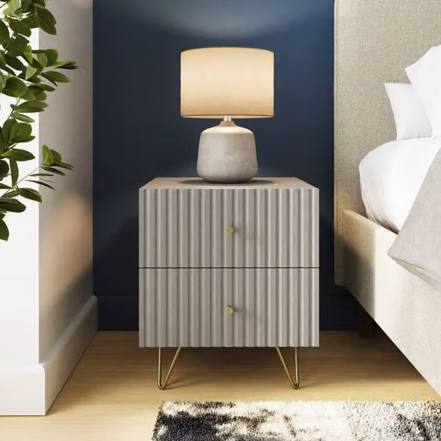 GFW Thalia Ribbed 2 Drawer Bedside Table in Grey