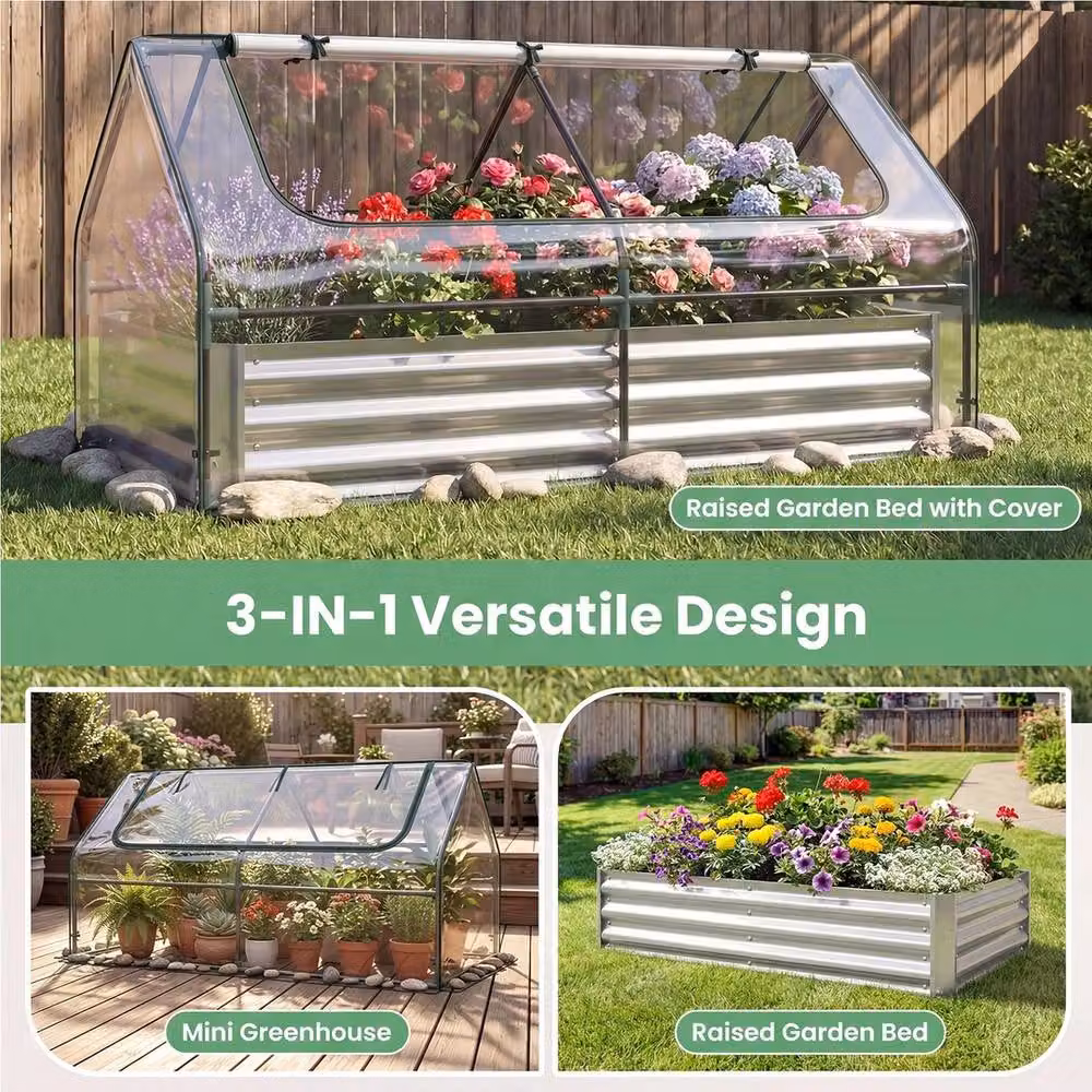 NESTLUNE Silver Planter Box with Mini Greenhouse, W/D/H: 174 x 84 x 30 cm – 4