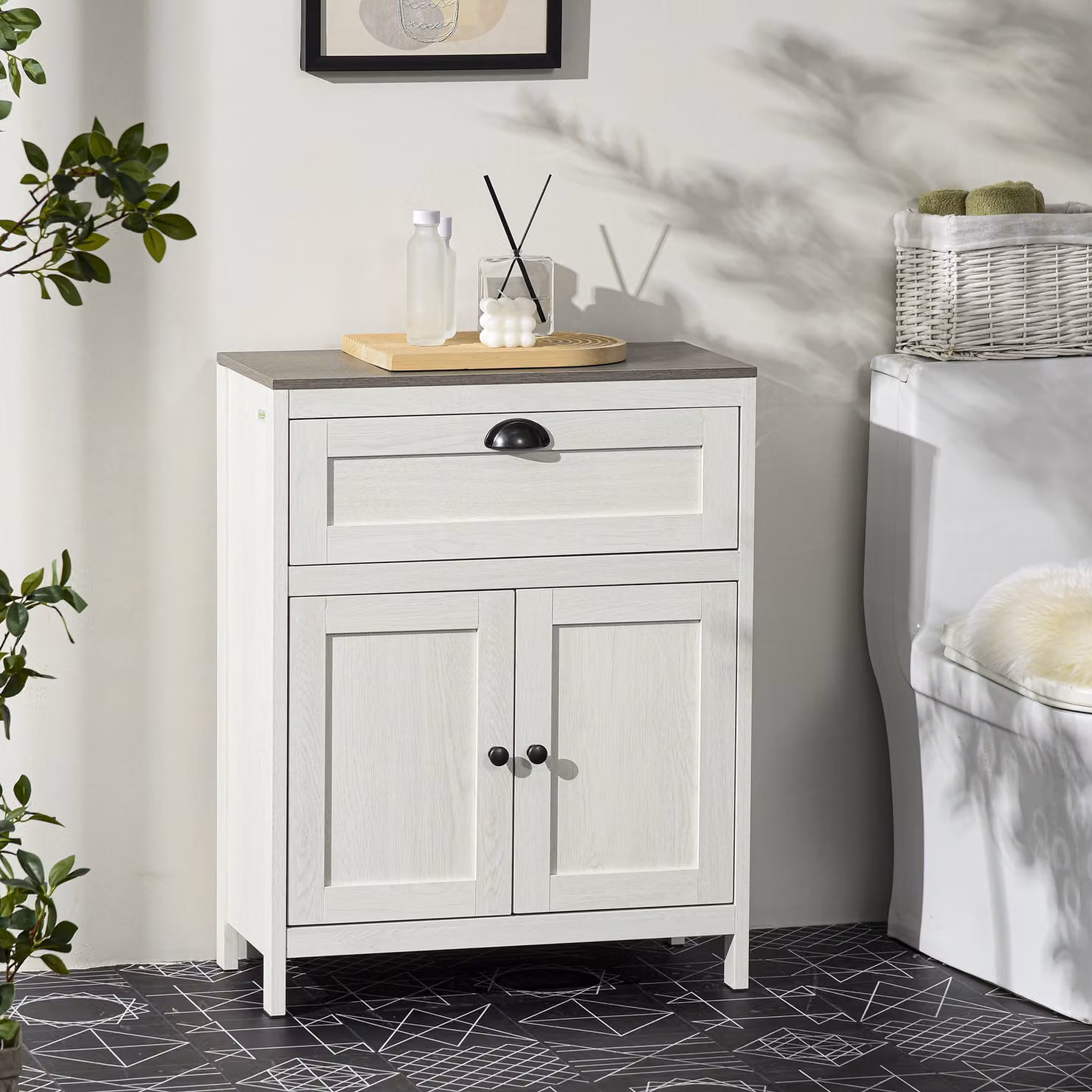 kleankin Freestanding White Bathroom Floor Cabinet with Hinged Doors, Internal Drawers and Adjustable Shelves, W: 60.0 cm, D: 76.0 cm, H: 14.0 cm – 2