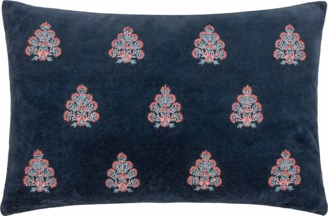 Paoletti 1973 Rennes Floral Embroidered Rectangular Cushion in Blue Polyester and Cotton Velvet