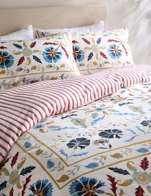 M&S Pure Cotton Percale Suzani Floral Bedding Set, Multicolour, W: 140 cm, L: 200 cm