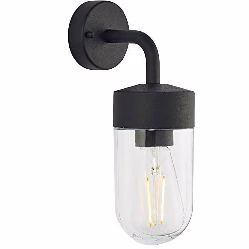 Loops IP44 Outdoor Wall Light, Black Stainless Steel and Transparent Glass Maritime Lantern, Dimmable