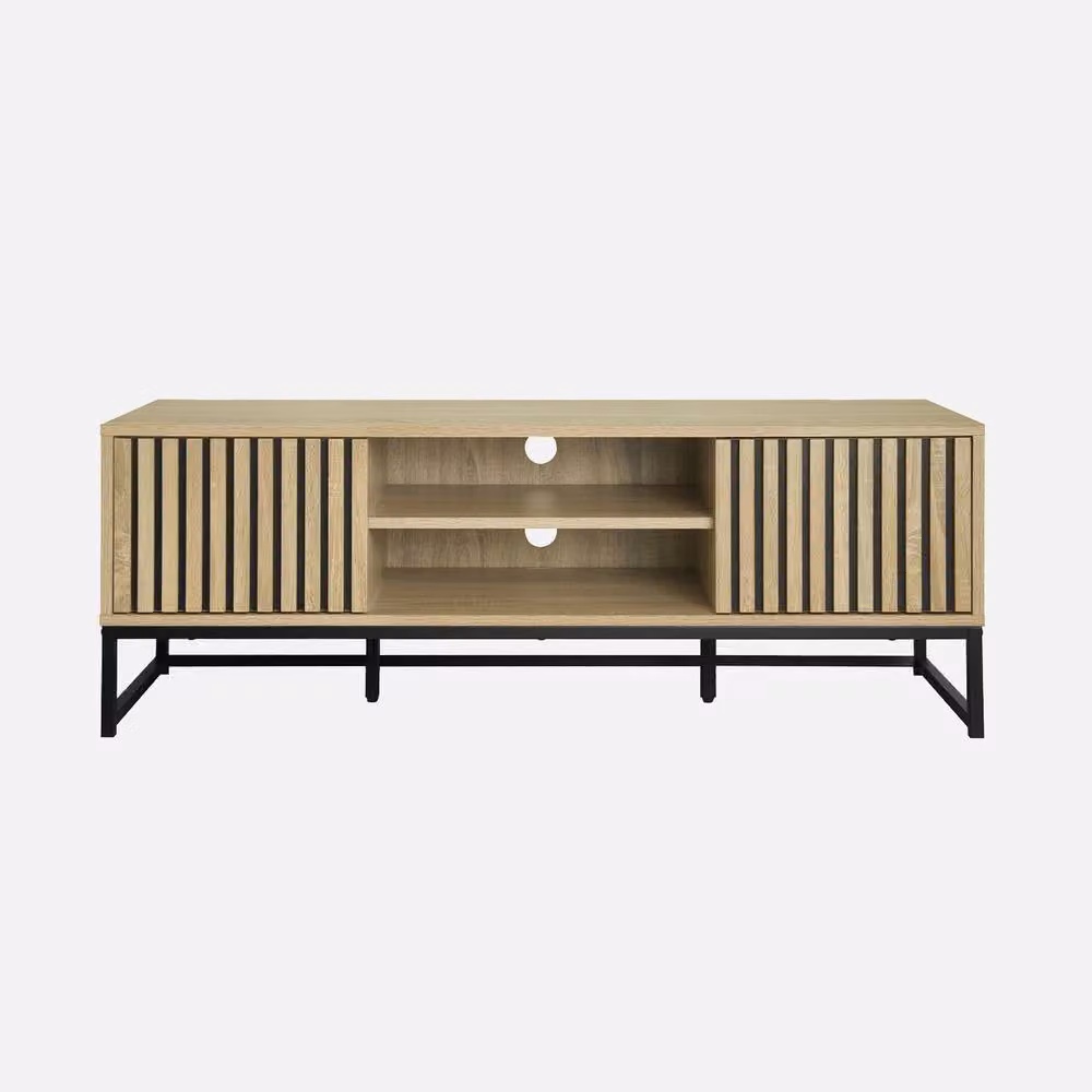 Sweek Modern Grooved TV Unit with 2 Doors in Light Brown and Black, W/D/H: 120 x 40 x 42 cm – 2