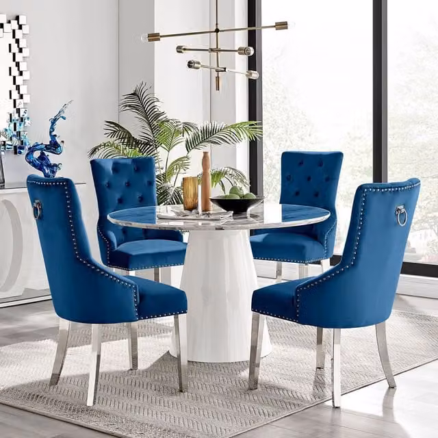 FurnitureboxUK Palma White Marble Effect Round Dining Table and 4 Belgravia Chairs in Blue