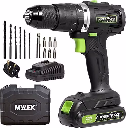 Mylek 20V Brushless Cordless Combi Drill Set with 2.0Ah Battery, Fast Charger and Carry Case, Black