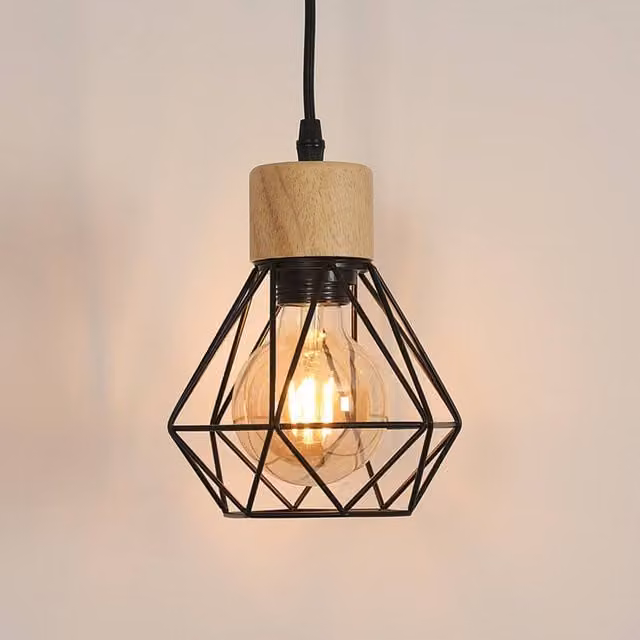 COMELY Vintage Industrial Pendant Light, Black Metal and Wood Cage Design with E27 Socket – 1