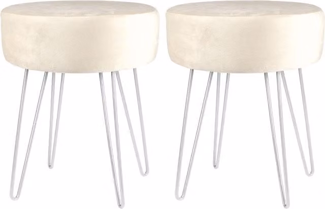 Harbour Housewares Set of 2 Round Velvet Footstools in Beige with Silver Metal Legs