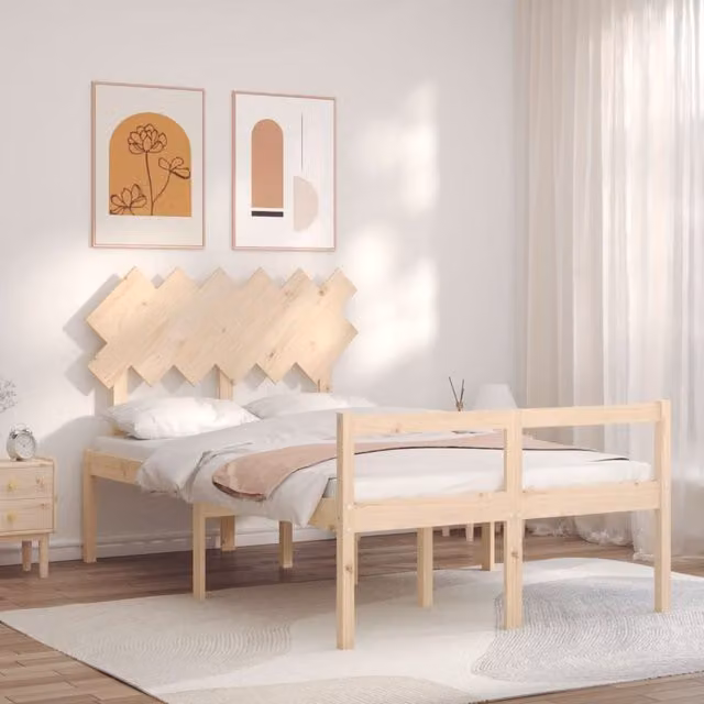 Berkfield Home Small Double Solid Wood Bed Frame with Headboard in Brown Pine – 1