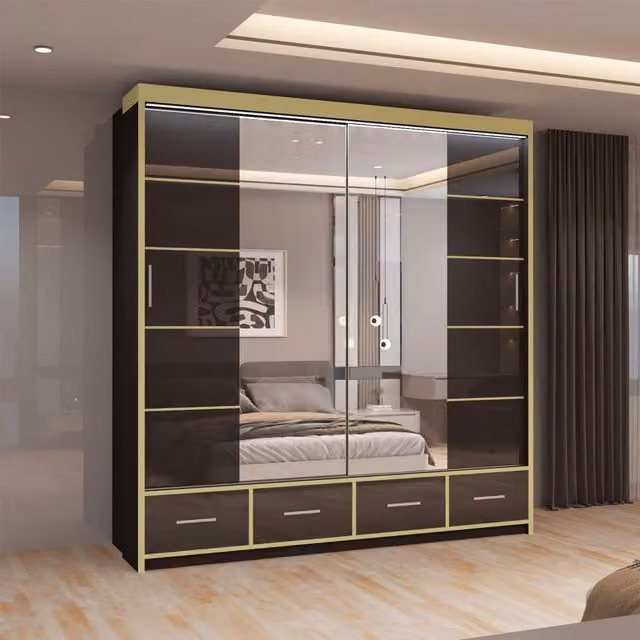 MN Furniture Modern High Gloss Sliding Mirror Wardrobe with LED Lighting in Black and Gold, W/H: 203 x 220 cm – 1