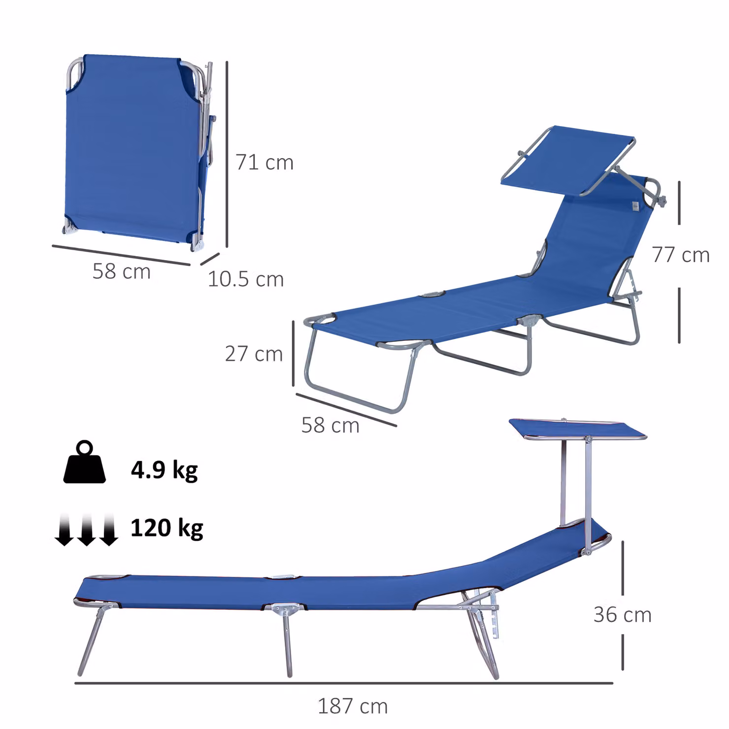 Outsunny Folding Recliner Sun Lounger with Sunshade in Azure Blue – 3