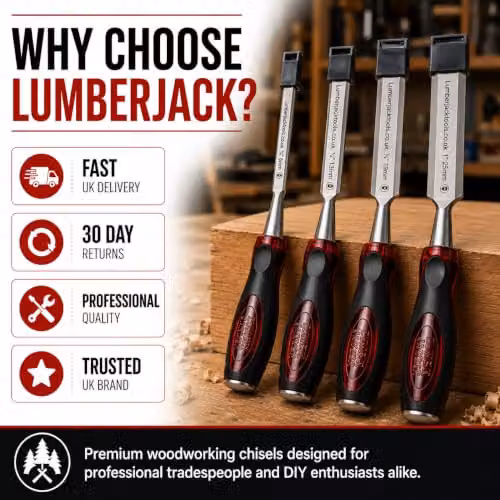 Lumberjack 4-Piece Red Bevel Edge Wood Chisel Set with Chrome Vanadium and Stainless Steel Strike Caps – 7