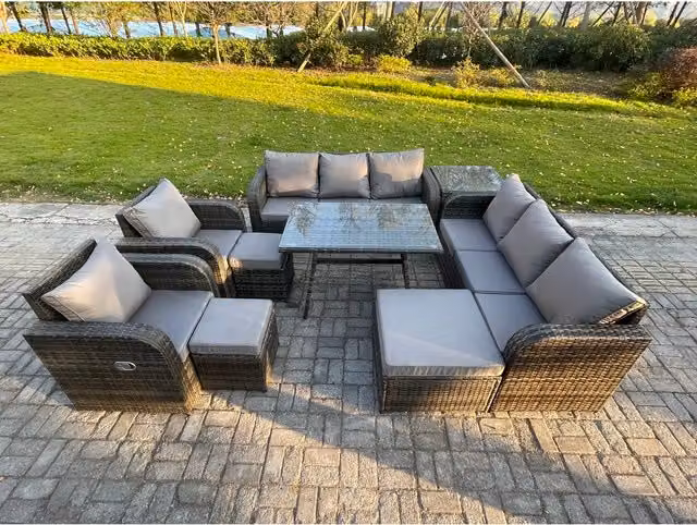 Fimous 11-Seater Rattan Outdoor Sofa and Dining Set in Dark Grey