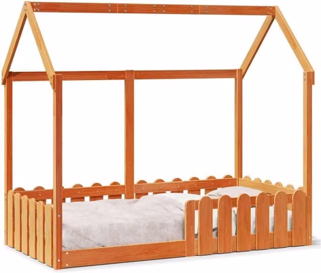 Berkfield Home Kids House Bed Frame in Waxed Brown Solid Pine, W/D/H: 80 x 160 cm