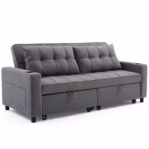 More4Homes Hudson 3-Seater Click-Clack Sofa Bed in Grey Linen Fabric with Cup Holders W: 201.5 cm, D: 87.0 cm, H: 91.0 cm – 3