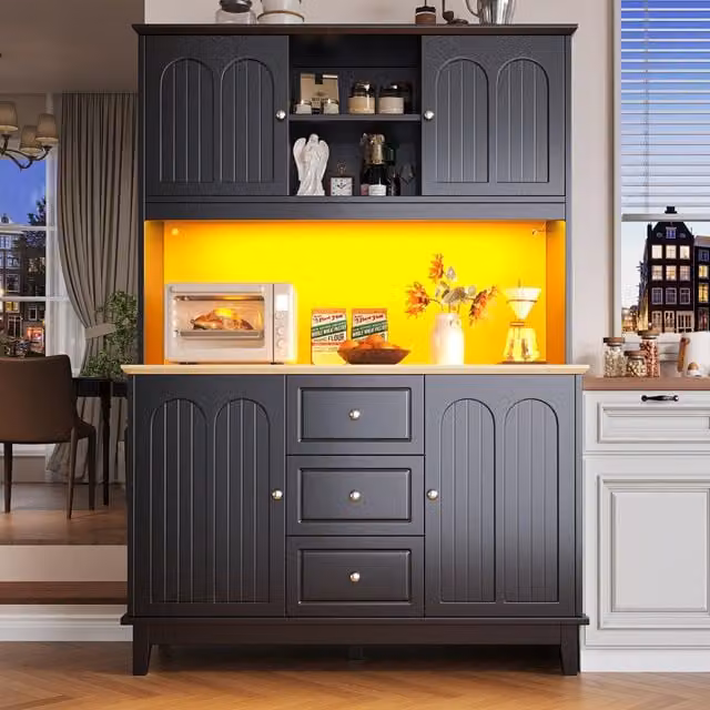 Aosom UK Tall Kitchen Sideboard Cabinet with App-Controlled LED Lighting and Open Display Shelf, Black, W: 120 cm, D: 40 cm, H: 180 cm – 1