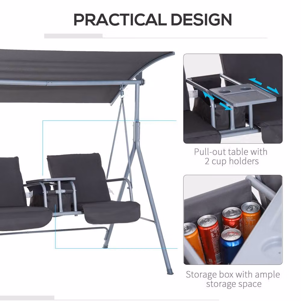 OUTSUNNY 2 Person Covered Patio Swing with Pivot Table and Storage Console in Grey – 3