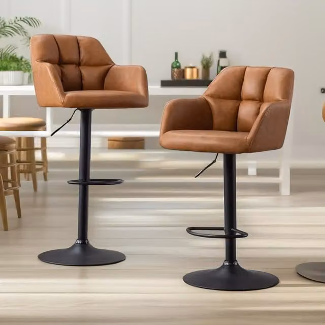 FURNOS Set of 2 Brown PU Leather Height Adjustable 360 Swivel Barstools with Armrests