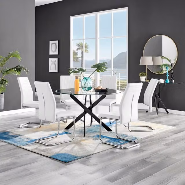 FurnitureboxUK Novara Round Glass Dining Table with 6 White Lorenzo Chairs and Black Legs