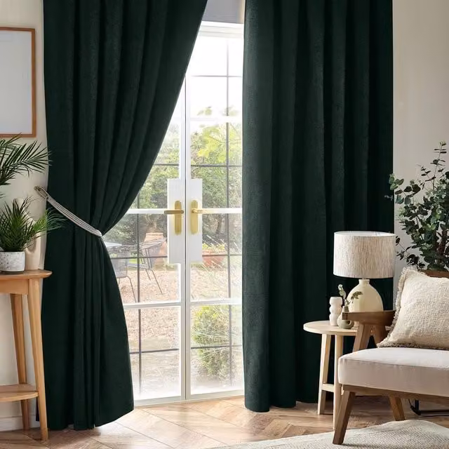 Luxor Living Green Chenille Blackout Pencil Pleat Curtains, W: 229 cm, H: 229 cm