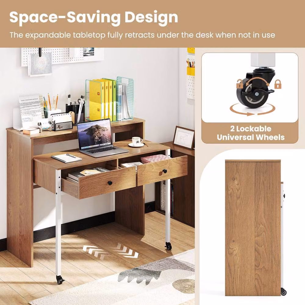 Costway Extendable Modern Computer Desk with Drawers and Castors in Brown – 4