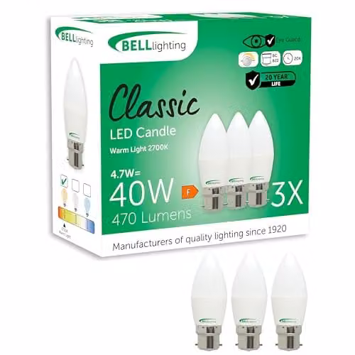 BELL Lighting B22 Dimmable LED Candle Bulbs, Warm White, Pack of 3 – 1