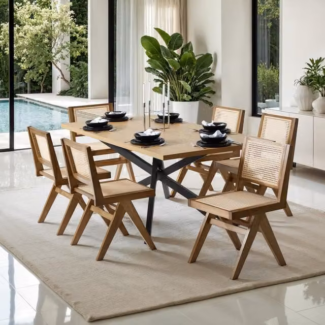 TECTAKE Mid-Century Dining Chair with Rattan Backrest and Solid Oak Wood Frame in Brown and Beige, Height: 83 cm