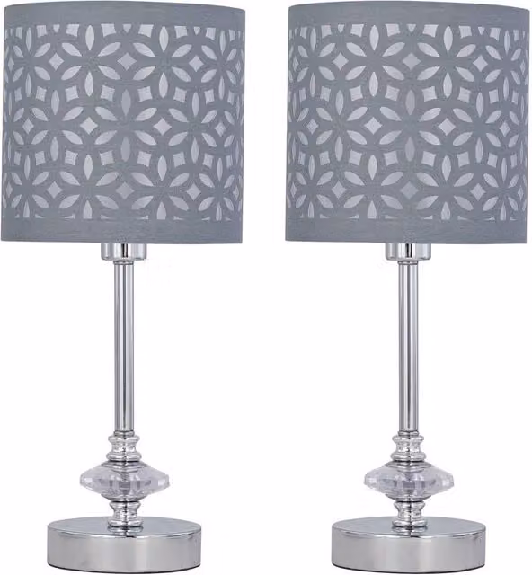 First Choice Lighting Set of 2 Chrome Jewelled Table Lamps with Grey Fabric Shades in Silver