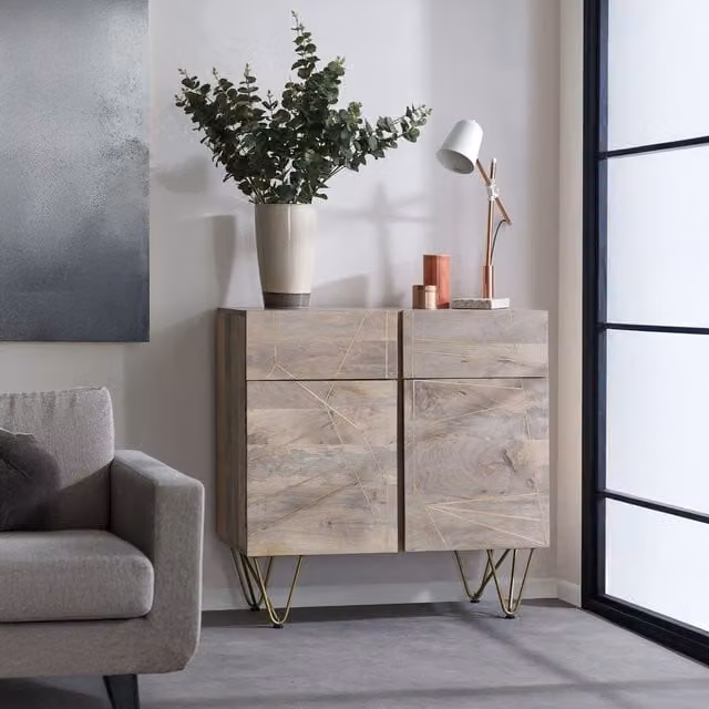 IH Design Mid-Century Geometric Mango Wood 2 Door Sideboard in Gold and Brown