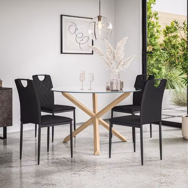 More4Homes Malvern Round Glass Dining Table with Oak Legs and 4 Black Monza Faux Leather Chairs, Diameter: 120 cm, Height: 75 cm