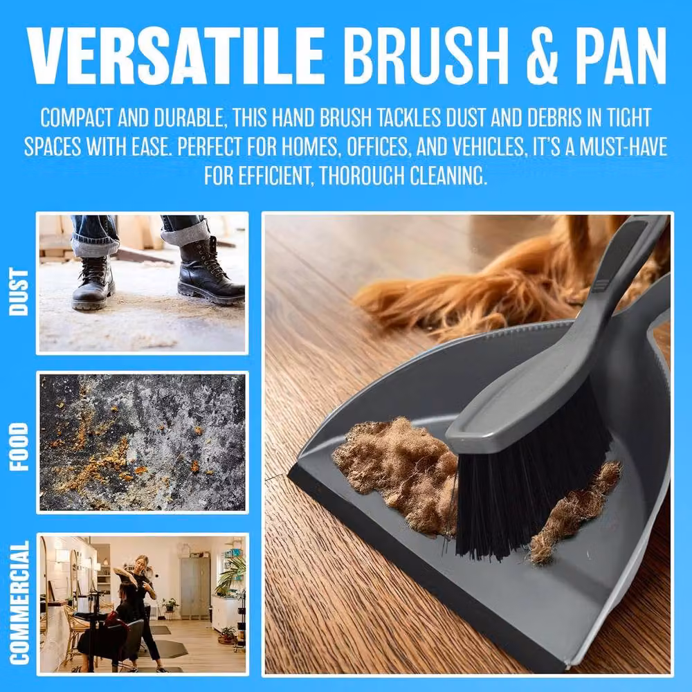 BARGAINS-GALORE Grey Dustpan and Brush Set with Handheld Scrubber Cleaning Combo – 4