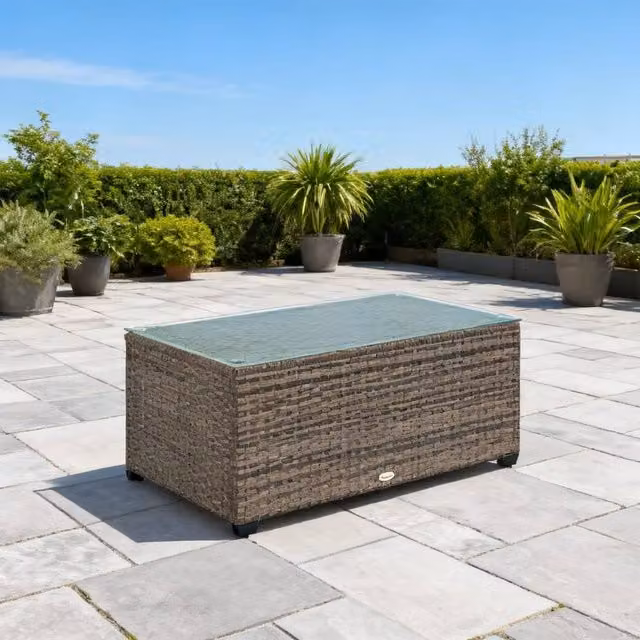 ERGOVEXA Modern Rectangular Glass-Top Polyrattan Side Table in Grey, W: 90 cm, D: 50 cm