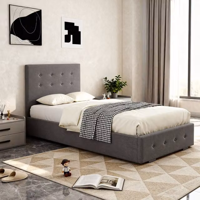Comfy Living Grey Fabric Upholstered Ottoman Storage Gaslift Bedframe, W/D/H: 90 x 200 cm