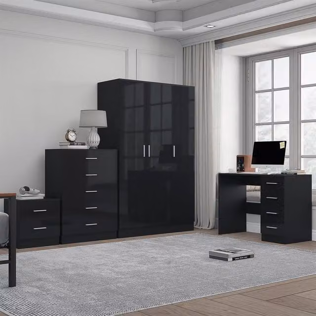 REFLECT Furniture Bundle including 3-Door Wardrobe, Chest of Drawers, Bedside Table and Desk in Black Gloss and Matt Black