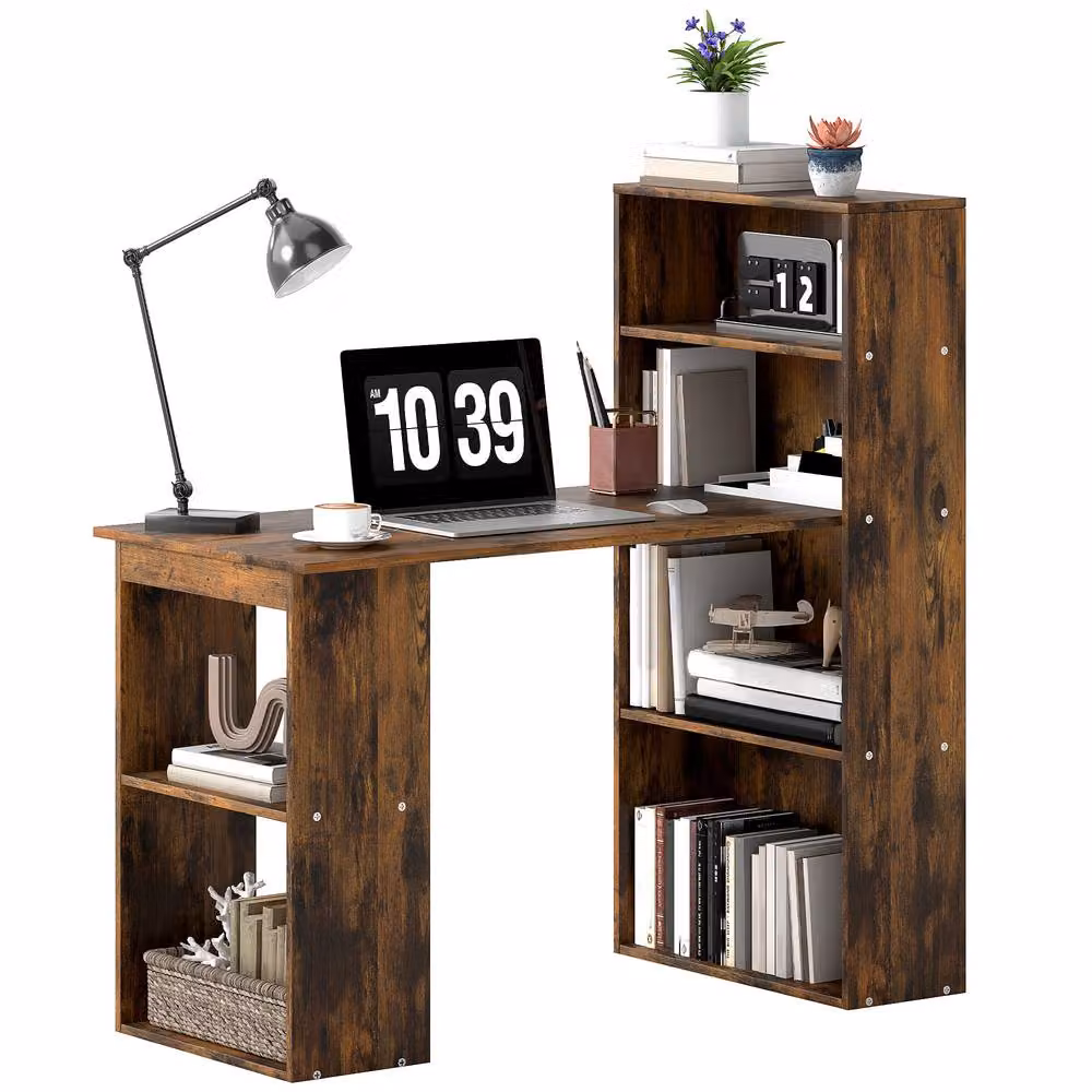 STILVORA Computer Desk with Storage Shelves in Rustic Brown – 4