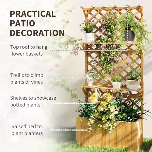 Outsunny Wooden Raised Planter with Trellis and 2 Shelves, Brown and Beige – 3
