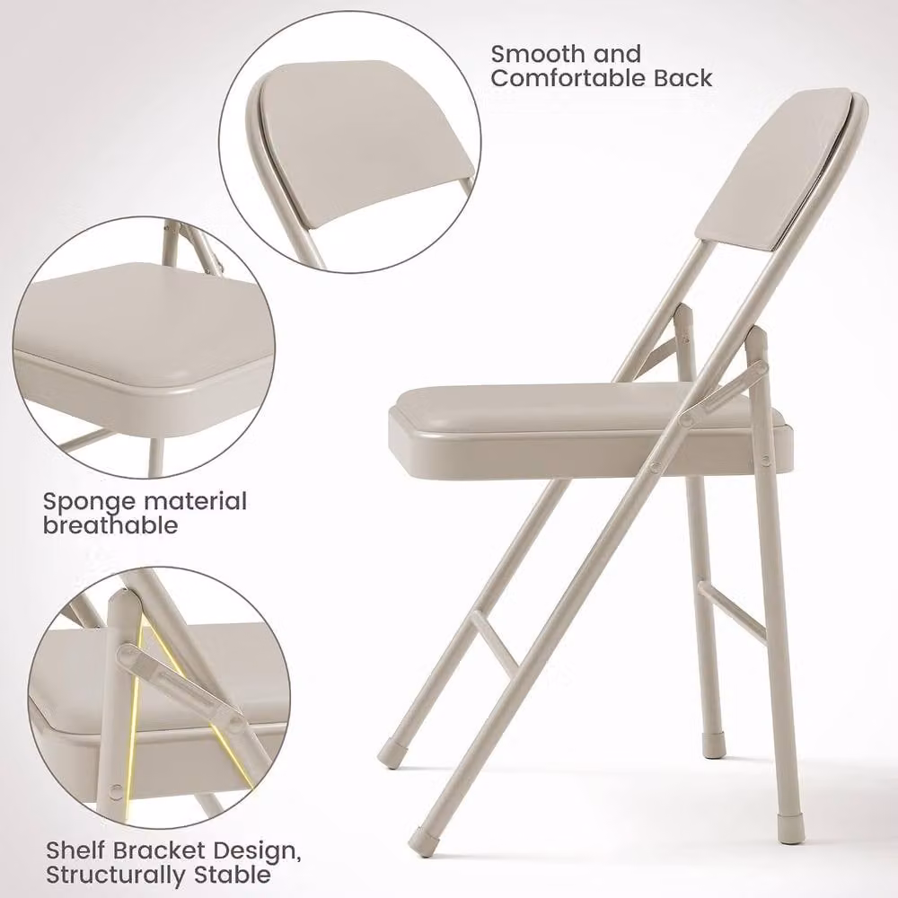 London Boutique Set of 4 Beige Upholstered Folding Dining Chairs with Stackable Padded Accent Seating – 3