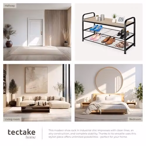 tectake 3-Tier Industrial Shoe Rack in Oak and Black, W/D/H: 91 x 36 x 55 cm – 4