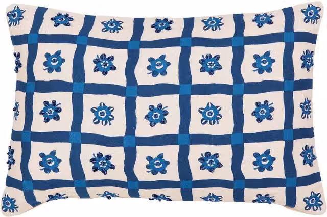 Land & Shore Sora Blue Floral Rectangular Cotton Cushion W: 60 cm, D: 40 cm