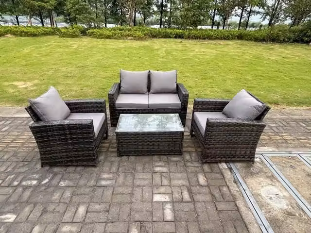 Fimous 4 Seater Grey High Back Rattan Garden Furniture Set with Rectangular Coffee Table – 1