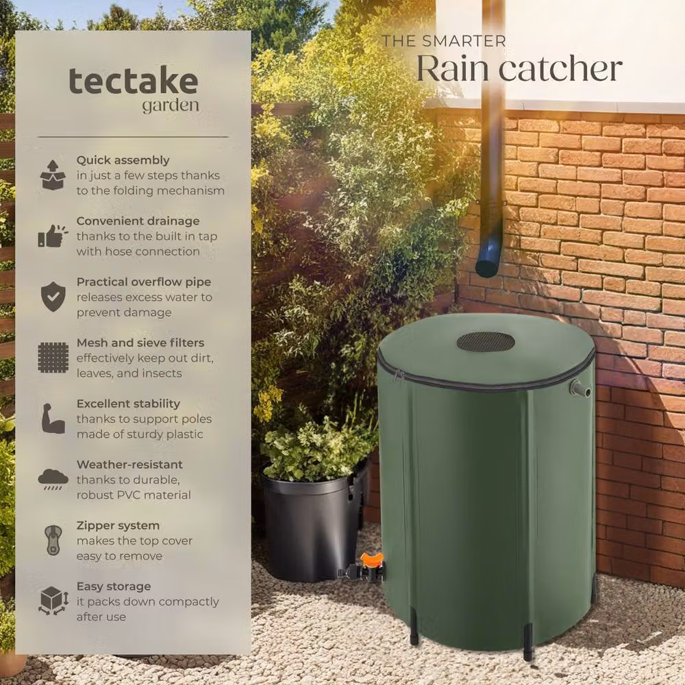 tectake Green Rain Barrel with Tap and Overflow Protection, 250 l – 2