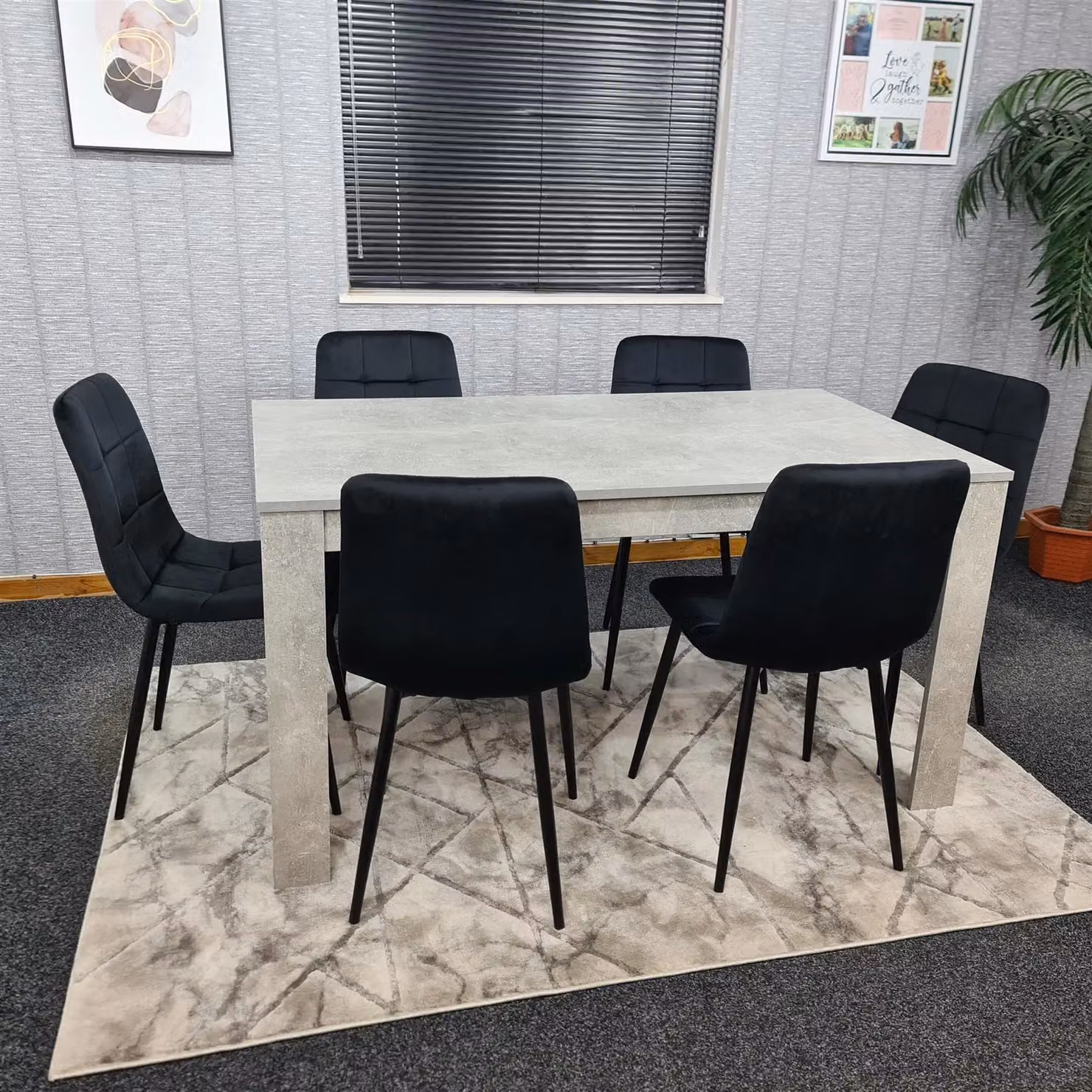 Kosy Koala Stone Grey Effect Wooden Dining Table Set with 6 Black Velvet Chairs in Brown – 2