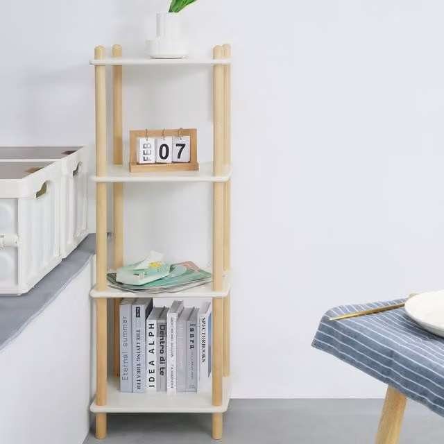 HMD Furniture Birch Wood Book Shelf in White and Beige, H 114 x W 30 x D 40 cm