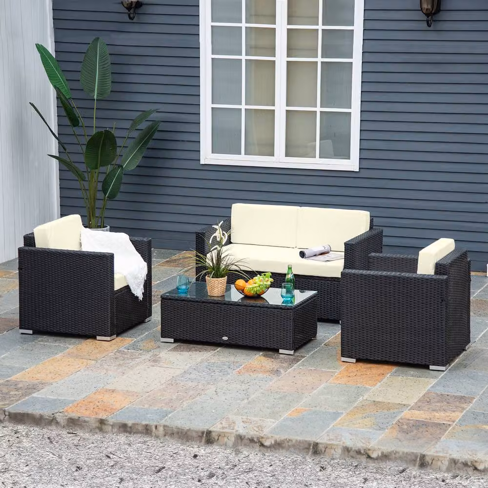 ERGOVEXA 4-Seater Rattan Garden Furniture Set in Black with Upholstered Cushions and Powder Coated Steel Frame – 3