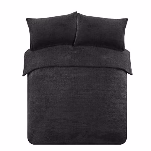Brentfords Teddy Fleece Superking Duvet Cover Set in Black, including Duvet Cover 200 x 200 cm and Pillowcases 50 x 75 cm
