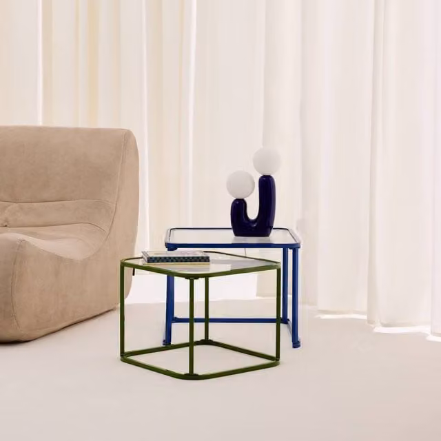 sweeek Set of 2 Modern Square Nesting Tables with Blue Ribbed Glass and Metal Frames